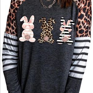 Black Leopard Striped Bunny Color Block Long Sleeve Top